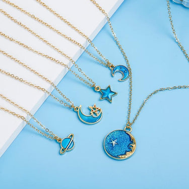 Sky Blue Enamel Star Moon Saturn Planet Pendant-Your Soul Place